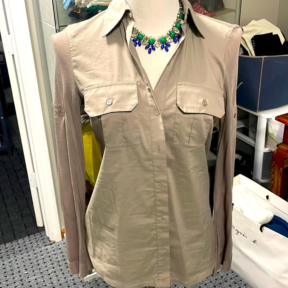 Bcbgmaxazria Light Brown Button Down Mixed Materi… - image 1